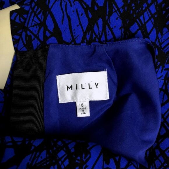 MILLY NY Cobalt Blue Black Stretch Crepe Printed Sheath Dress 8 Retail $435 - Picture 8 of 8
